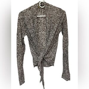 Velvet brown cream printed tie front long sleevee deep vneck top